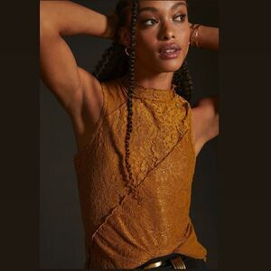 🤎 Anthropologie 🤎 Lace Mock Neck Tank Mustard Gold brown NEW